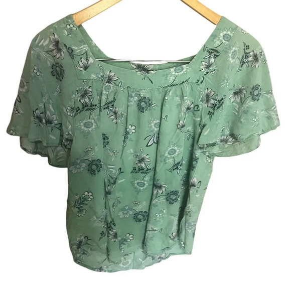 Ann Taylor Factory Green Floral Short Sleeve Blouse Top Size Small Petite - Picture 1 of 4